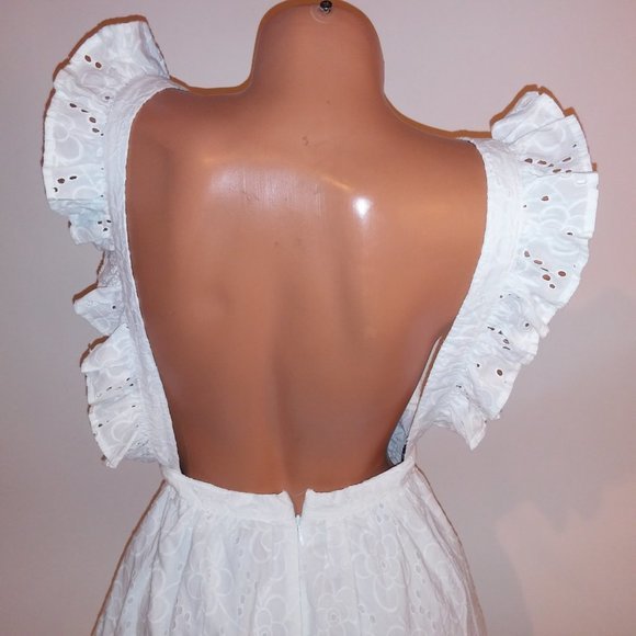 Lulus Dress XS White Eyelet Ruffle Zip Up Smocked Front Adjustable Straps Length - Picture 11 of 13